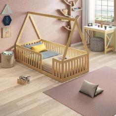 Imagem de Cama Montessoriana Solteiro em Madeira Maciça com Grade e Telhado Giulia Casatema Natural