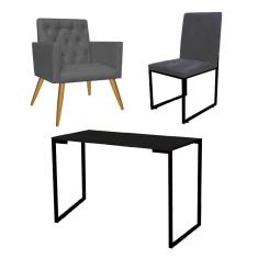 Imagem de Kit Escritório Stan Poltrona Capitonê com Cadeira e Mesa Industrial Tampo Preto Tecido Sintético Cinza - Ahz Móveis