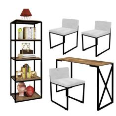 Imagem de Kit Escritório Bex 3 Cadeiras Sintético Branco com 1 Mesa e 1 Livreiro Ferro Preto MDF Imbuia - Ahazzo Móveis