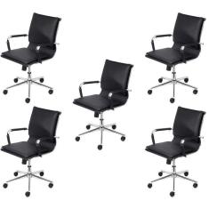 Imagem de Kit 5 Cadeiras para Escritório Diretor Design Italiano Estofada em Sintético 3304 Preto