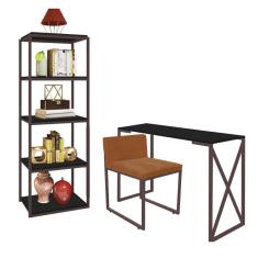 Imagem de Kit Escritório Bex 1 Cadeira Suede Terracota com 1 Mesa e 1 Livreiro Ferro Marrom MDF Preto - Ahazzo Móveis