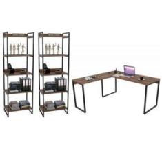 Imagem de Kit Escritório Estilo Industrial Mesa e 2 Estantes Nogal