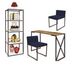 Imagem de Kit Escritório Bex 2 Cadeiras Suede Azul Marinho com 1 Mesa e 1 Livreiro Ferro Marrom MDF Castanho - Ahazzo Móveis