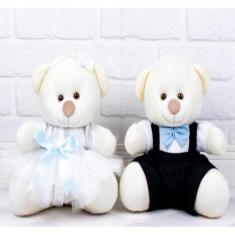 Imagem de CASAL DE URSOS TEDDE 26cm PAJEM PRETO,DAMINHA BRANCA - PELUCIA PALHA. 