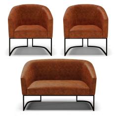 Imagem de Sofá Namoradeira E 2 Poltronas Base Industrial Preto Stella Corano D03 - D'rossi Cor Nozes