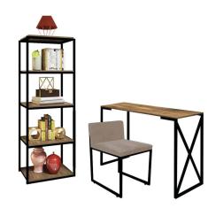 Imagem de Kit Escritório Bex 1 Cadeira Suede Bege com 1 Mesa e 1 Livreiro Ferro Preto MDF Freijó - Ahazzo Móveis