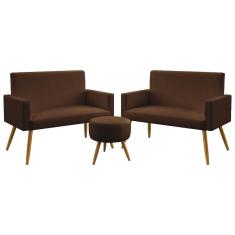 Imagem de Kit 2 Poltronas Namoradeiras Decorativas Estofadas Para Sala De Estar Vega e Puff Solar Couro Artificial Marrom Aradecor