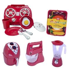 Imagem de Cozinha Vermelho Brinquedo Kit Infantil Mercado Fogão 22Pç