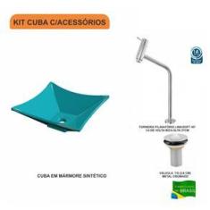 Imagem de Kit Cuba L30 com Torneira Link 1062 Metal e Válvula 1`` Compace  Turquesa
