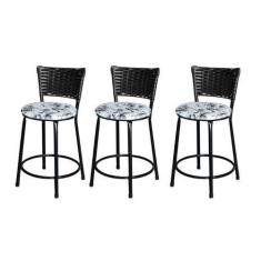 Imagem de Jogo 3 Banqueta Baixa Para Cozinha Ratan Preta Estofado Floral - Lamar