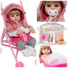 Imagem de Boneca Reborn Recém Nascida Coelhinha Carrinho Vários Itens - Cegonha