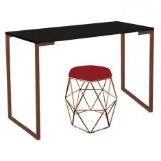 Imagem de Mesa Stan Industrial Escritório e Home Office com Puff Luna Corino Vermelho Bronze Tampo Preto - Ahz Móveis