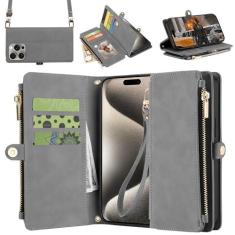 Imagem de ELESNOW Capa carteira para iPhone 15 Pro Max para mulheres e homens, couro PU com suporte para cartão, alça de pulso, suporte transversal, fecho magnético, capa de telefone flip para Apple iPhone 15