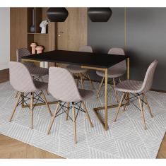 Imagem de Mesa Industrial Retangular Preta Base V Dourada 137x90cm com 6 Cadeiras Estofadas Nude Médio Madeira
