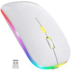 Imagem de Mouse Sem Fio Bluetooth USB com Bateria de Longa Duração Recarregável, Iluminação RGB, Sensor Ajustável, Ergonômico e Ambidestro (BRANCO)