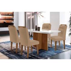 Imagem de Banqueta de Cozinha Berlim c/ Tampo Madeirado c/ Vidro Canto Curvo 120x80cm e 4 Cadeiras Imperatriz Imbuia/Off White - Suede Capuccino - Rufato