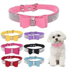 Imagem de Coleira de cachorro pequeno filhote com laço de strass nó cristal diamante colorido bling menina filhote gato coleiras rosa PPP