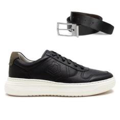 Imagem de Tênis De Couro Democrata Masculino Denim Joe Ultra Light 526103 + Cinto Dupla Face-Masculino