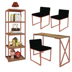Imagem de Kit Escritório Bex 3 Cadeiras Sintético Preto com 1 Mesa e 1 Livreiro Ferro Bronze MDF Freijó - Ahazzo Móveis