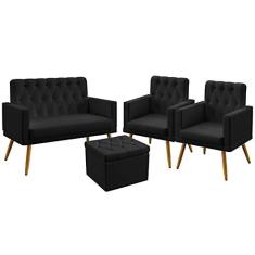 Imagem de Kit Poltrona Namoradeira e 2 Poltronas Decorativas Vega Rodapé com Puff Quasar e Botões Couro Artificial  Aradecor