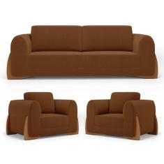 Imagem de Kit 02 Poltronas e 01 Sofá Bloom 220cm 03 Lugares com Pés de Madeira Bouclê Terracota - Desk Design