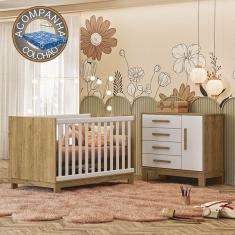 Imagem de Quarto de Bebê Qencanto Slim com Cômoda 4355 e Berço 4315 Qmovi Freijó Branco Acetinado + Colchão Ortobom