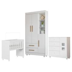 Imagem de Quarto de Bebê Mini Berço com Colchão, Cômoda 1 Porta 4 Gavetas e Roupeiro Flocos 3 Portas 2 Gavetas Branco