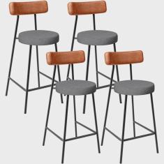 Imagem de Kit 04 Banquetas Baixa Cozinha Jantar Milão L02 Couríssimo Camel Linho Cinza Escuro - Lyam Decor