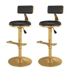 Imagem de Conjunto De 2 Banquetas De Bar Giratórias De Couro PU, Com Cadeira De Balcão, Balcão De Cozinha Com Altura Ajustável, Metal Dourado Com Apoio Para Os Pés Assento Estofado Para Café, Altura 60-80 Cm