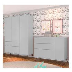 Imagem de Quarto de Bebê Cômoda Infantil e Guarda Roupa Infantil 3 Portas e 2 Gavetas Melissa Retrô 100% MDF Cor Cinza - Phoenix B
