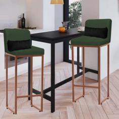 Imagem de Kit 02 Banqueta Alta com Encosto Lucca Industrial Cozinha Balcão Ferro Bronze Suede Verde e Almofada Preto - Ahazzo Móveis