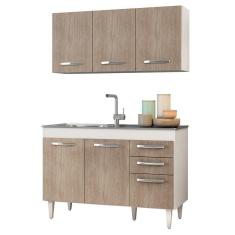 Imagem de Armário Aéreo e Balcão com Pia Inox 120cm Branco e Castanho