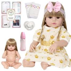 Imagem de Boneca Tipo Reborn Loira Menina Vestido Dourado + Acessórios - Cegonha