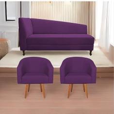 Imagem de Kit Diva Recamier Heitor 140cm Lado Direito e 02 Poltronas Luiza Suede Roxo - Amarena Móveis