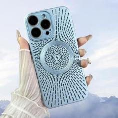 Imagem de Para iPhone 12 13 14 15 Pro Max Capa de telefone respirável dissipação de calor malha concha sucção magnética capa de proteção de carregamento, azul claro, para iPhone 13 promax