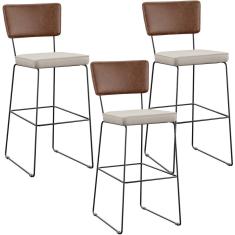 Imagem de Kit 03 Banqueta Alta Cozinha Sala Jantar Fixa Allana L02 Couríssimo Marrom Linho Cru - Lyam Decor