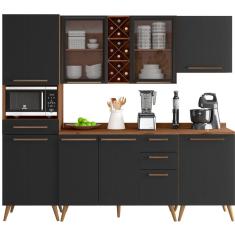 Imagem de Armário de Cozinha Zanzini Favorita 5 peças com vidro e 8 portas 3 gavetas com 238 cm de Largura Natura Preto tx