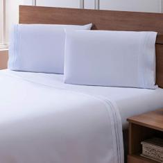 Imagem de Jogo de Cama Casal Percal 300 Fios Bordado Festonê 4 Peças Branco/Bran