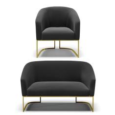 Imagem de Namoradeira e Poltrona Base Industrial Dourado Stella Suede Preto D03 - D`Rossi