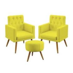 Imagem de Kit 2 Poltronas Nina e Puff Solar Com Rodapé E Botões Capitonê Sued  Aradecor