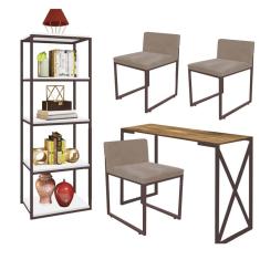 Imagem de Kit Escritório Bex 3 Cadeiras Suede Bege com 1 Mesa e 1 Livreiro Ferro Marrom MDF Rústico - Ahazzo Móveis