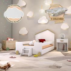 Imagem de Cama Infantil Com Colchão E Escadinha Juvenil Ayla Branca E Natural + Luminária Led - Cor: Branco