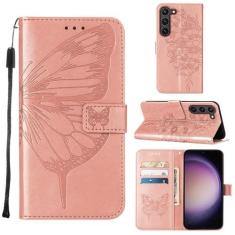 Imagem de Fangroney Capa carteira para Samsung Galaxy S23, capa protetora de couro PU flip feminina alça de pulso com compartimentos para cartão bolsa em relevo borboleta flor suporte flip capa para Samsung