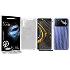 Imagem de Capa Capinha Case Anti impacto transparente Reforçada + VIDRO FULL 3D + Skin Fibra de Carbono Xiaomi Poco M3 (Tela 6.53)