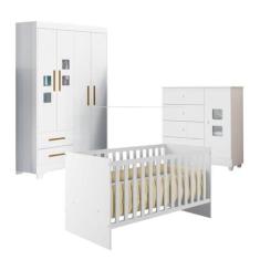 Imagem de Quarto de Bebê com Berço Life, Cômoda 1 Porta 4 Gavetas Life e Guarda Roupa 4 Portas 2 Gavetas Fly Branco