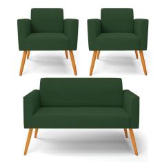 Imagem de Sofá Namoradeira Com 2 Poltronas Pés Palito Castanho Marisa Veludo Verde D03 - D'rossi