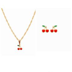 Imagem de Conjunto Infantil Colar e Brinco Cereja Folheado Ouro 18k Antialérgico