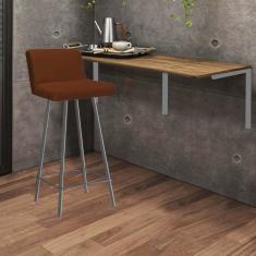 Imagem de Kit Mesa Suspensa de Parede Fixa MDF Castanho + 1 Banqueta Lexi Ferro Prata Suede Terracota - Ahazzo Móveis