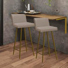 Imagem de Kit Mesa Suspensa de Parede Fixa MDF Castanho + 2 Banquetas Lexi Ferro Dourado Sintético Bege - Ahazzo Móveis