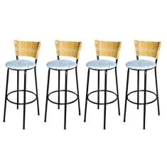 Imagem de Jogo 4 Banqueta Alta Para Cozinha Ratan Palha Preta Estofado Floral - 